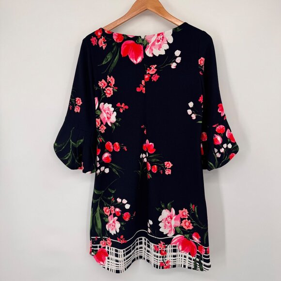 Vince Camuto Navy Floral Bell Sleeve Shift Dress Size 8  Womens knit - Picture 9 of 13